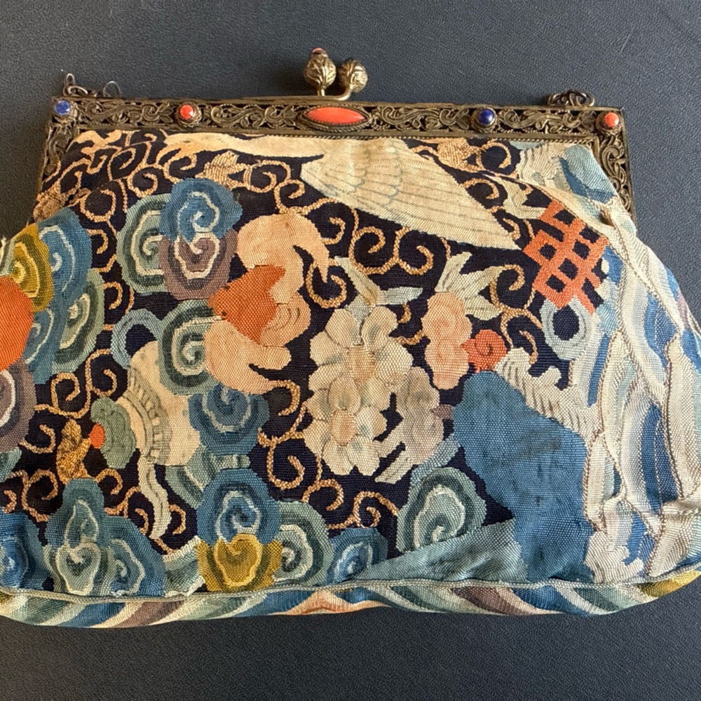 Antique Rare Chinese Woven Kesi Evening Hand Bag Gilt Coral Lapis - Picture 2 of 9